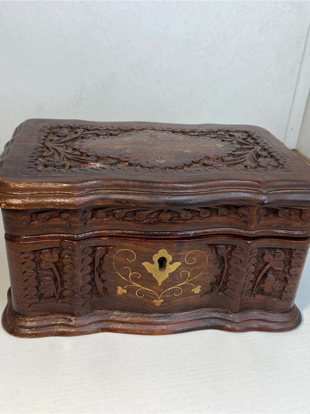 Vintage hand carved wood jewelry box